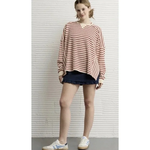 American Eagle M Lived-In Waffle Knit Striped Oversized Sweater Coastal Casual - Picture 2 of 14